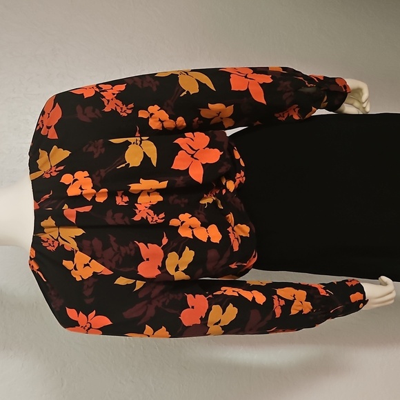 MANGO Floral Black and Orange Keyhole Long Sleeve Tie Waist Blouse - Picture 6 of 8
